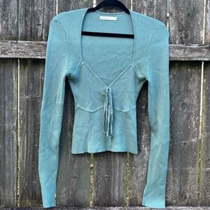 OAK + FORT Teal Ribbed Knit Tie Front Long‎ Sleeve Top M